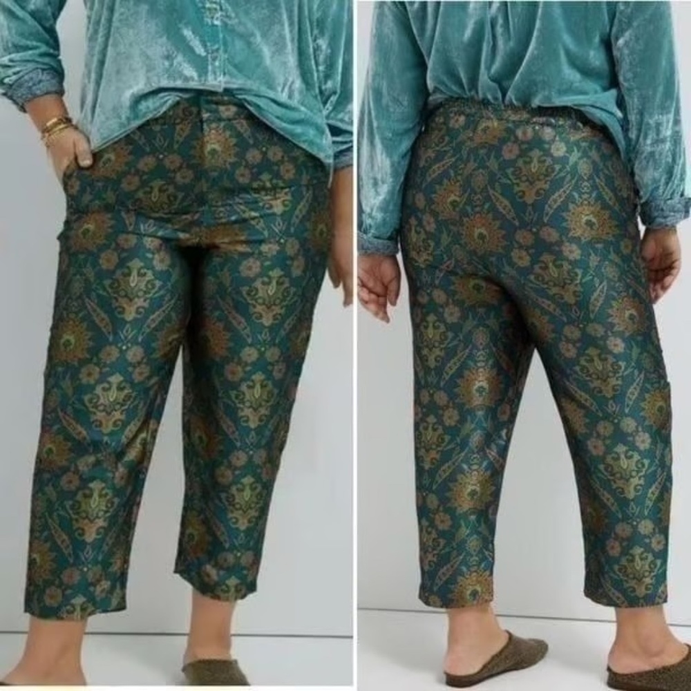 Maeve Melyssa Jacquard Green and Gold Floral Trousers Size XS Boho ~ Polyester!